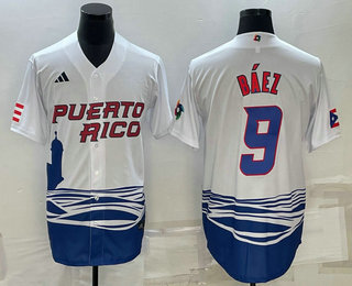 Men%27s Puerto Rico Baseball #9 Javier Baez White 2023 World Baseball Classic Stitched Jersey